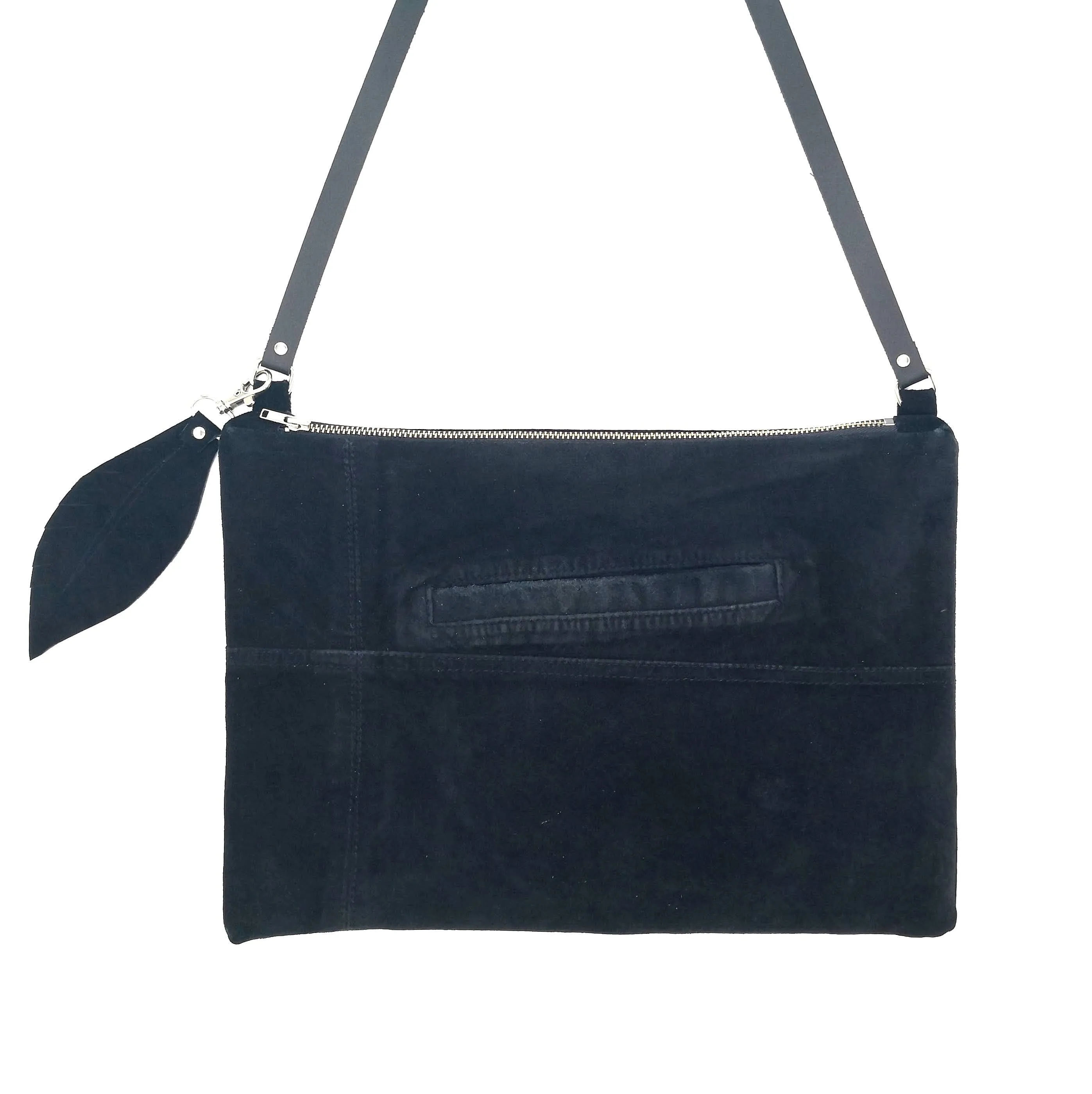 Recycled black suede Fringe Vintage crossbody bag, 13" x 8.5"