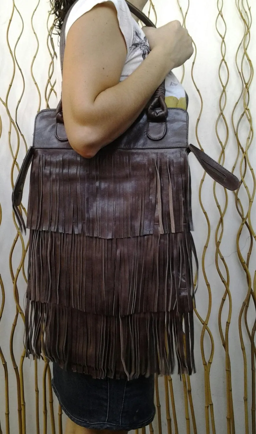 REDUCED PRICE!!!Texas Fringe Dark Brown Leather Bag / Boho Chic