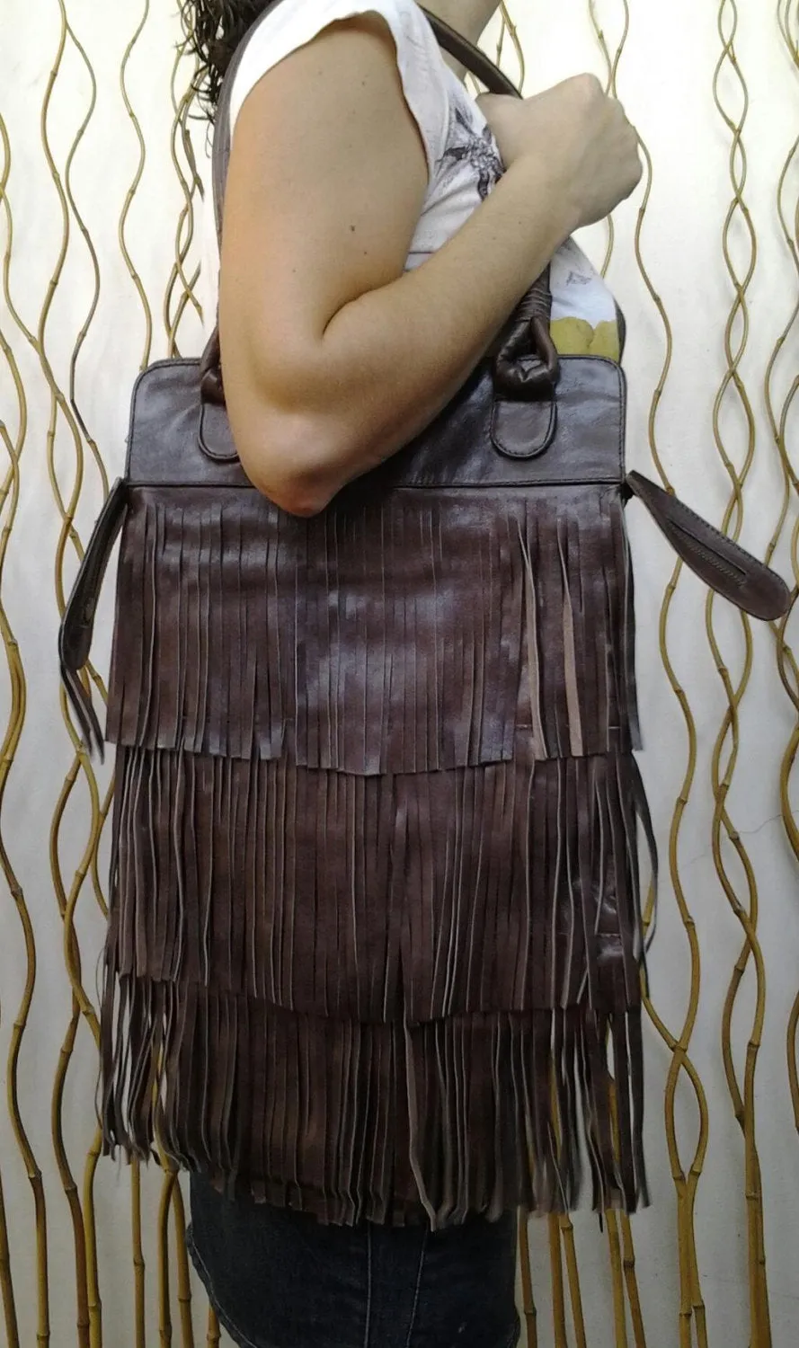 REDUCED PRICE!!!Texas Fringe Dark Brown Leather Bag / Boho Chic