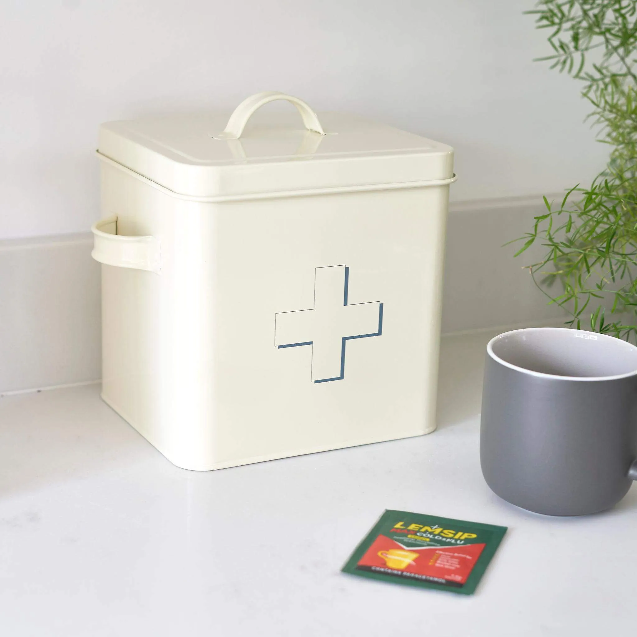 Retro First Aid Box Storage Container Enamelled Tin Grey or Cream