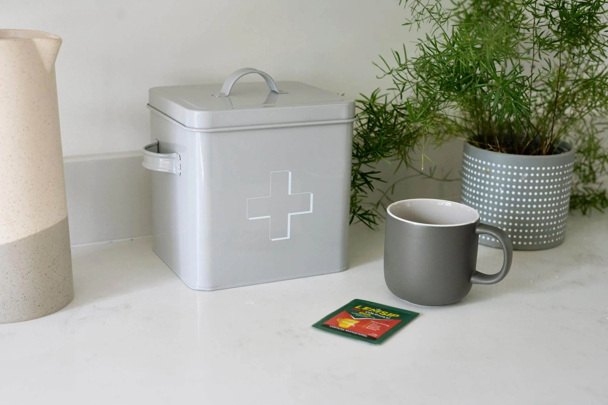 Retro First Aid Box Storage Container Enamelled Tin Grey or Cream