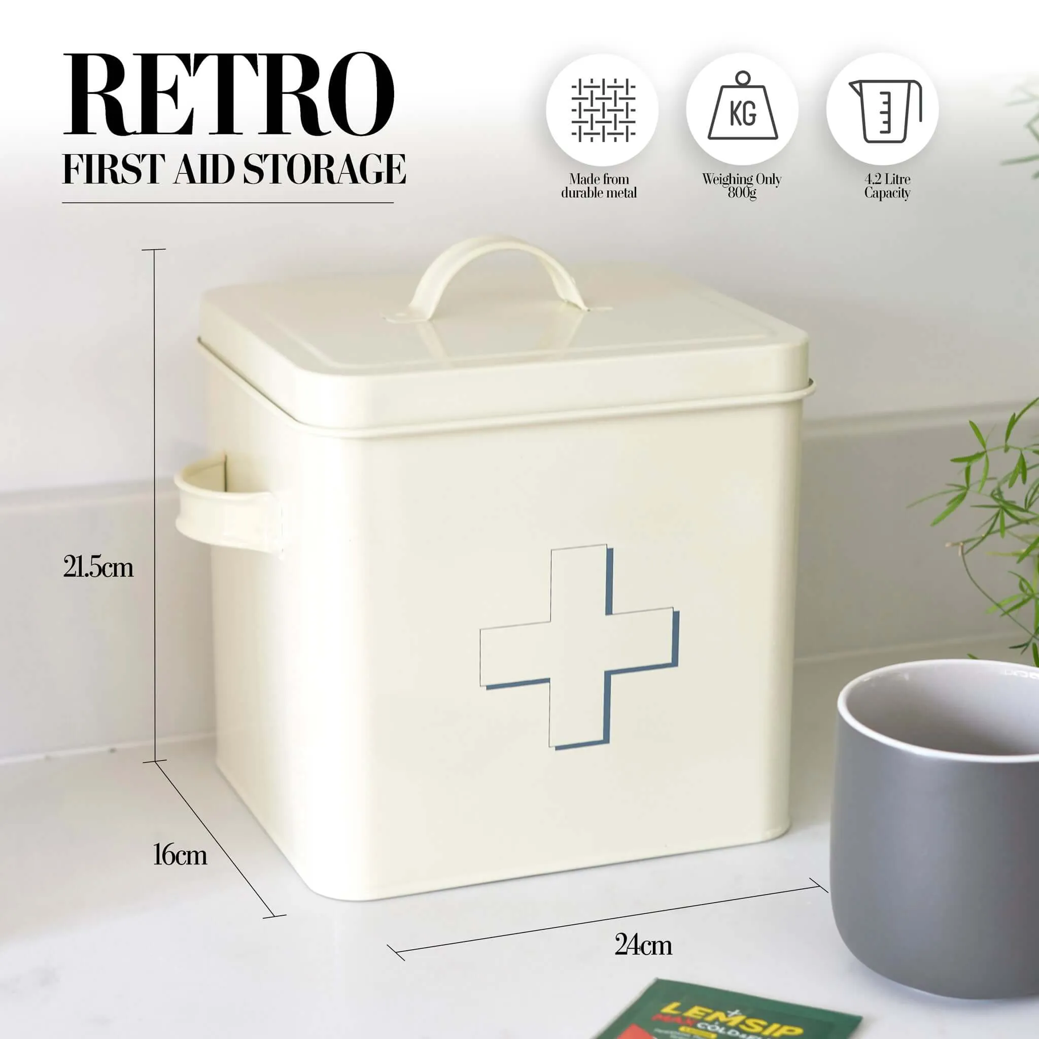 Retro First Aid Box Storage Container Enamelled Tin Grey or Cream