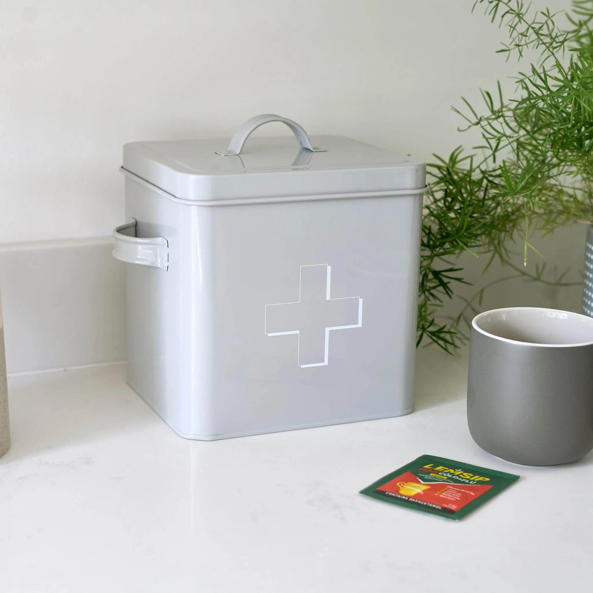 Retro First Aid Box Storage Container Enamelled Tin Grey or Cream