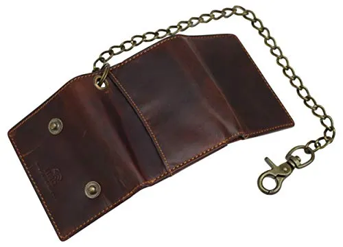 RFID Blocking Men's Tri-fold Vintage Leather Biker Chain Wallet With Snap Closure