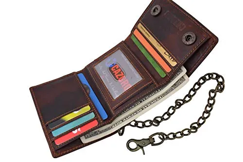 RFID Blocking Men's Tri-fold Vintage Leather Biker Chain Wallet With Snap Closure