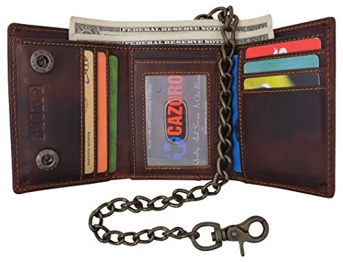 RFID Blocking Men's Tri-fold Vintage Leather Biker Chain Wallet With Snap Closure