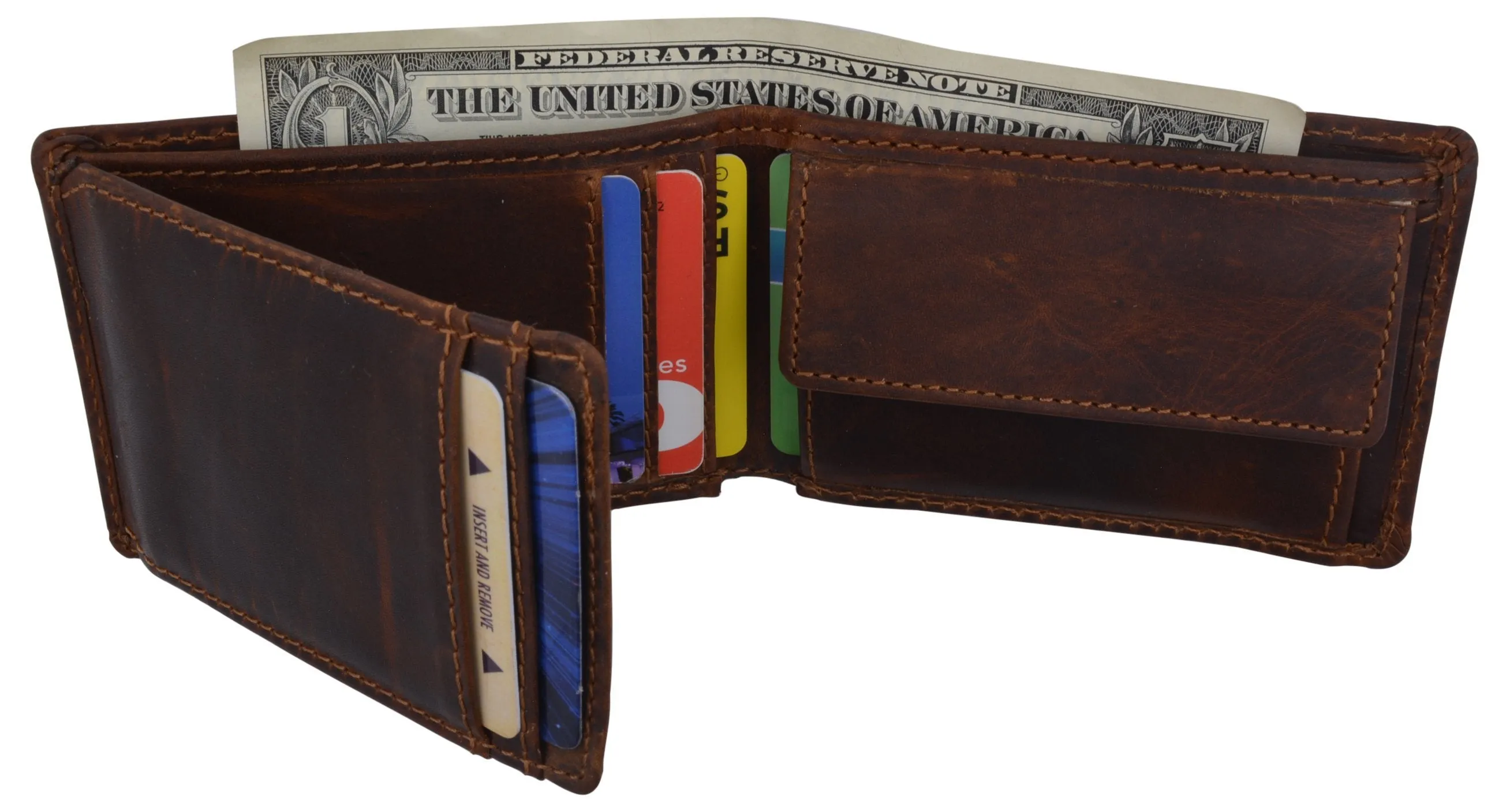 RFID Hunter Leather Slim Mens Bifold Credit Card ID Wallet with Coin Pouch