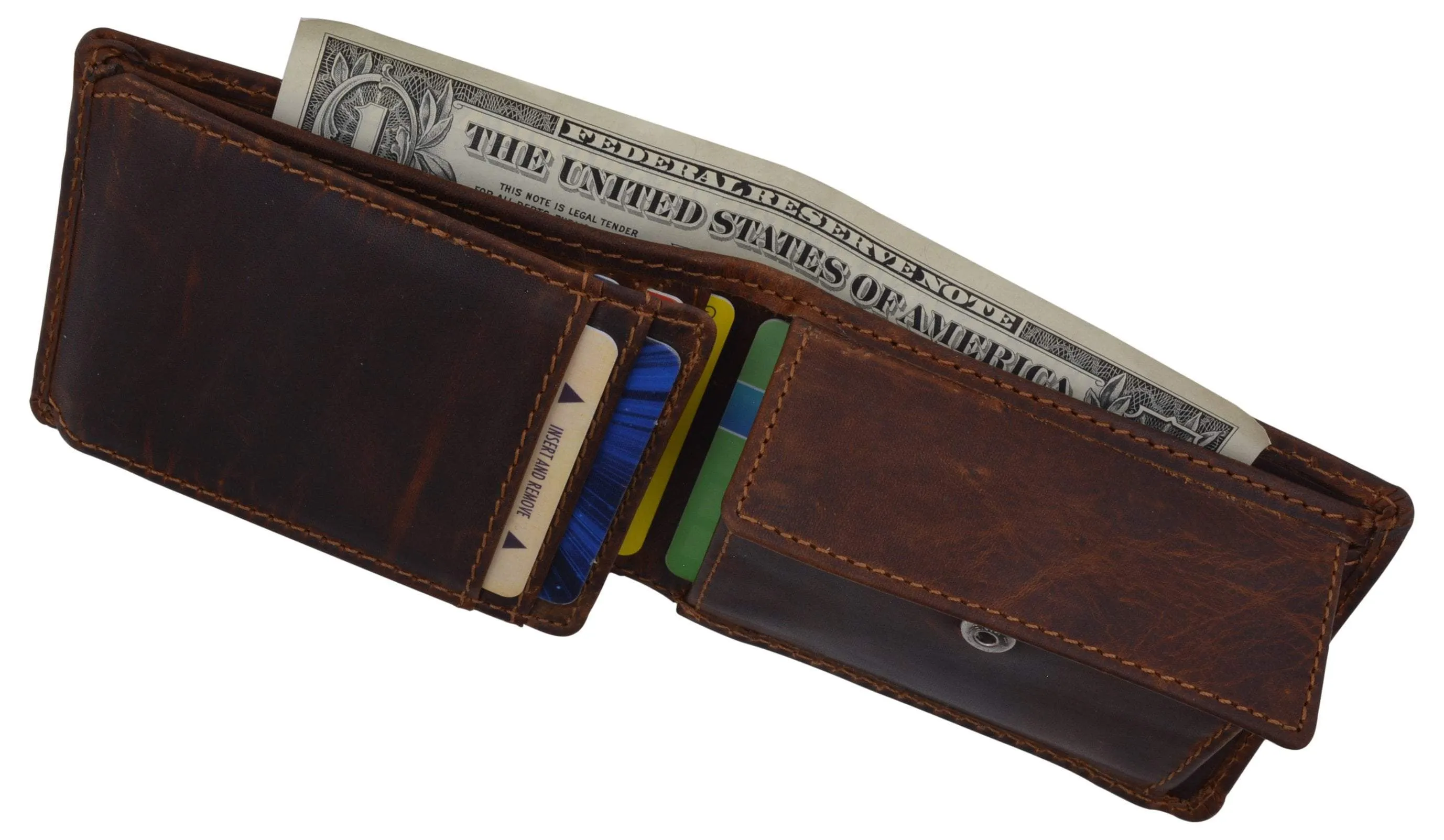 RFID Hunter Leather Slim Mens Bifold Credit Card ID Wallet with Coin Pouch