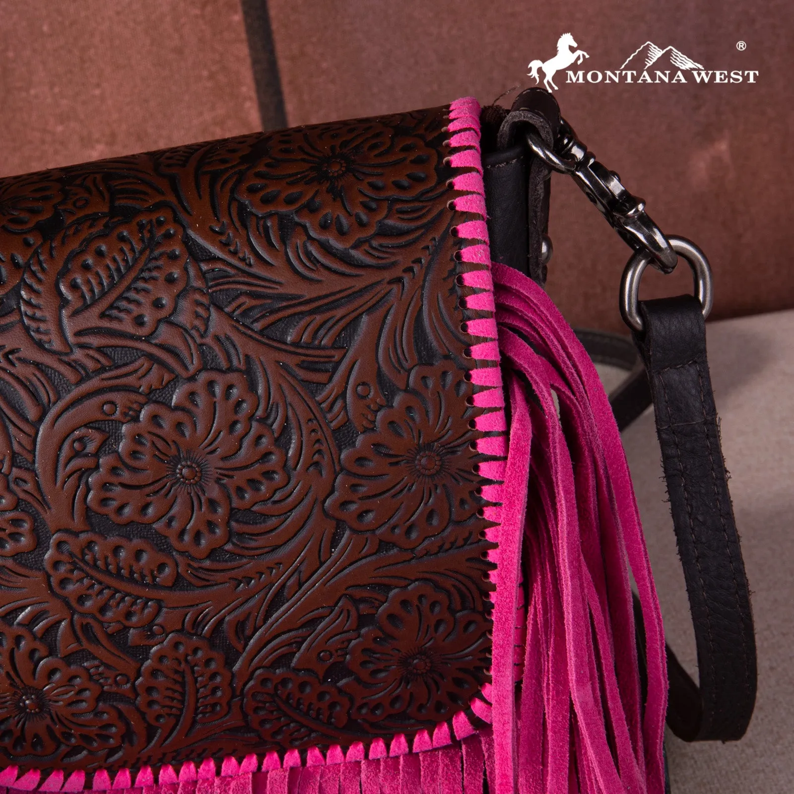 RLC-L159 Montana West Genuine Leather Tooled Collection Fringe Crossbody Coffee-Pink