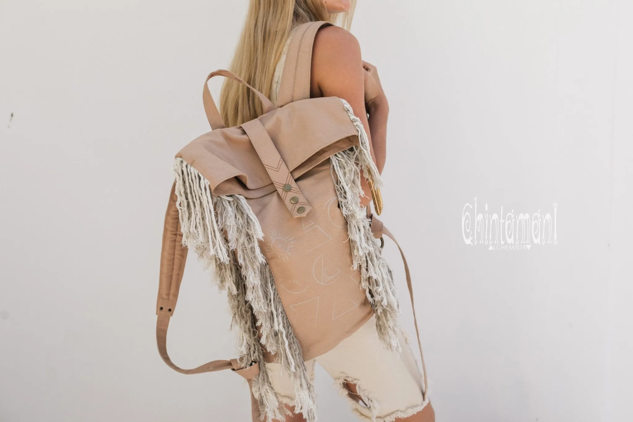 Rolltop Boho Canvas Backpack for Women with Linen Fringes ∆ Roll Top Laptop Backpack / Beige