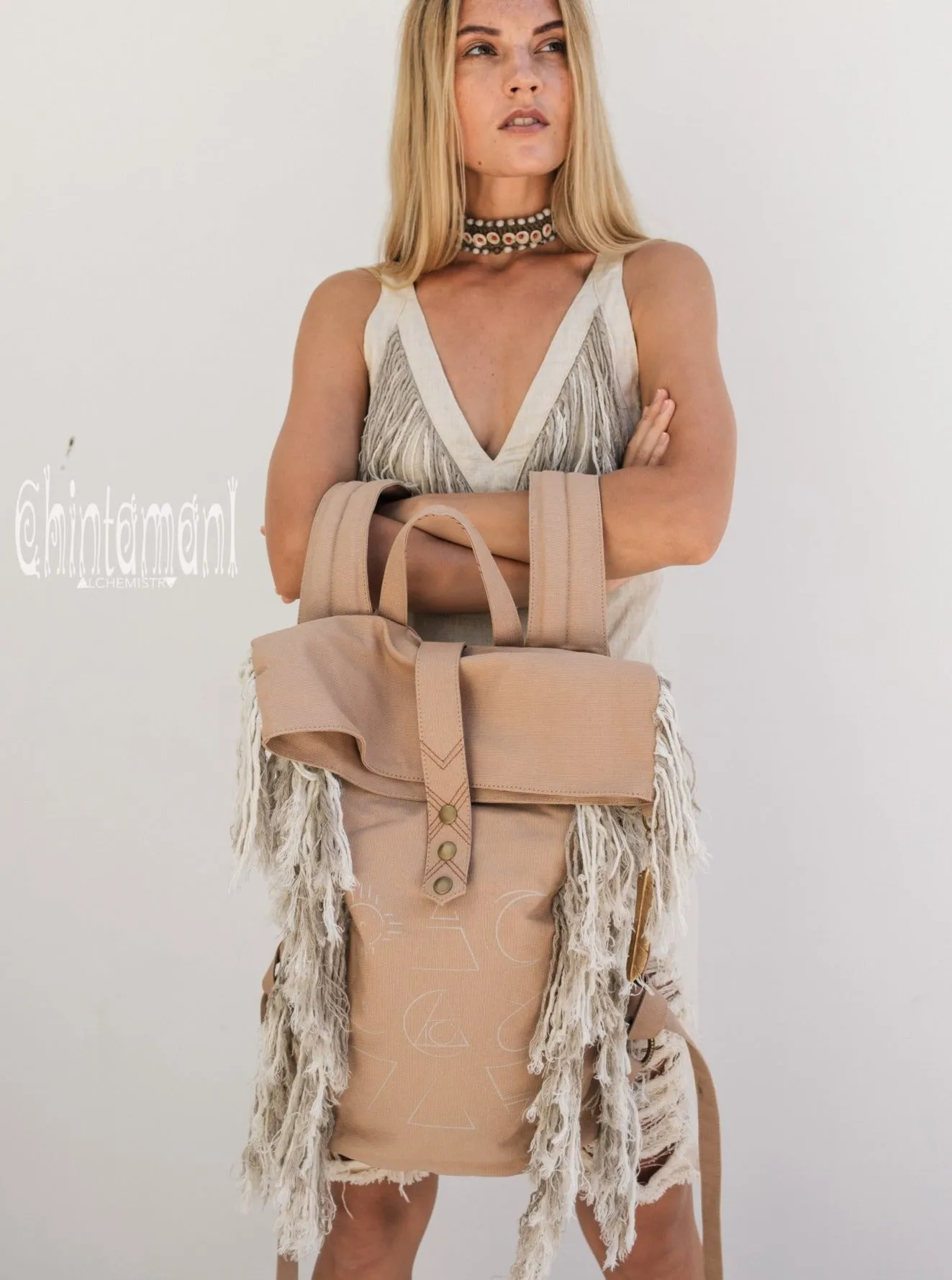 Rolltop Boho Canvas Backpack for Women with Linen Fringes ∆ Roll Top Laptop Backpack / Beige