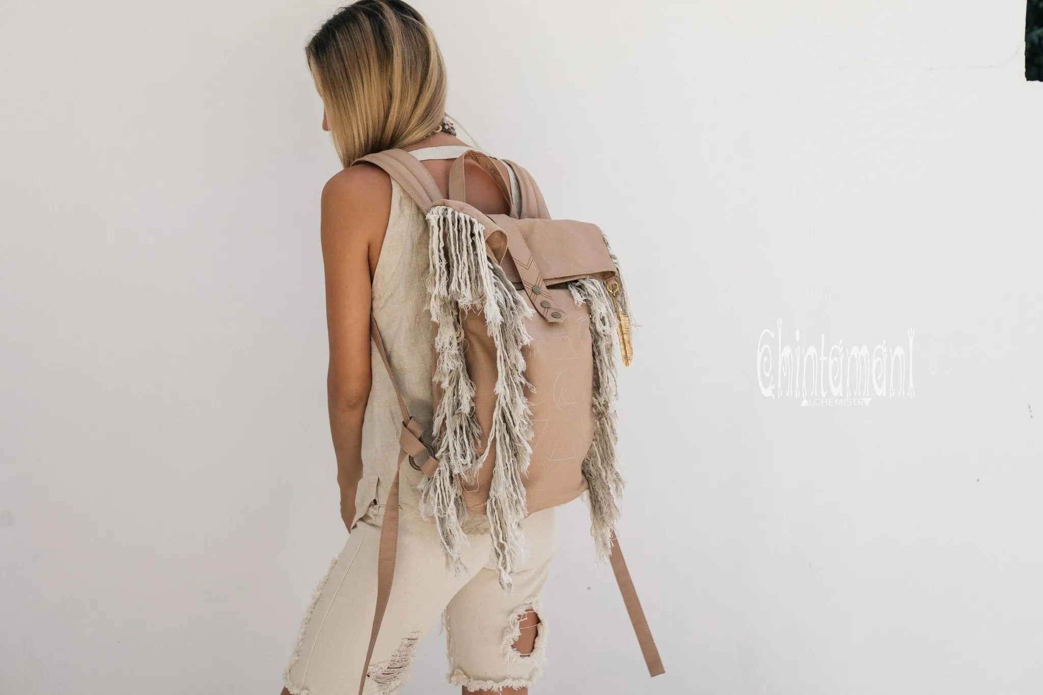 Rolltop Boho Canvas Backpack for Women with Linen Fringes ∆ Roll Top Laptop Backpack / Beige