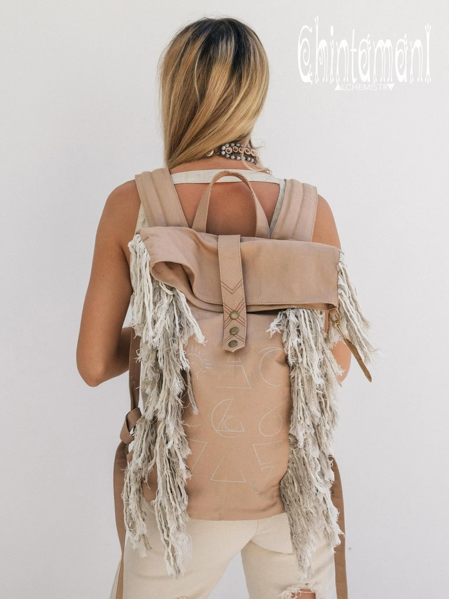 Rolltop Boho Canvas Backpack for Women with Linen Fringes ∆ Roll Top Laptop Backpack / Beige