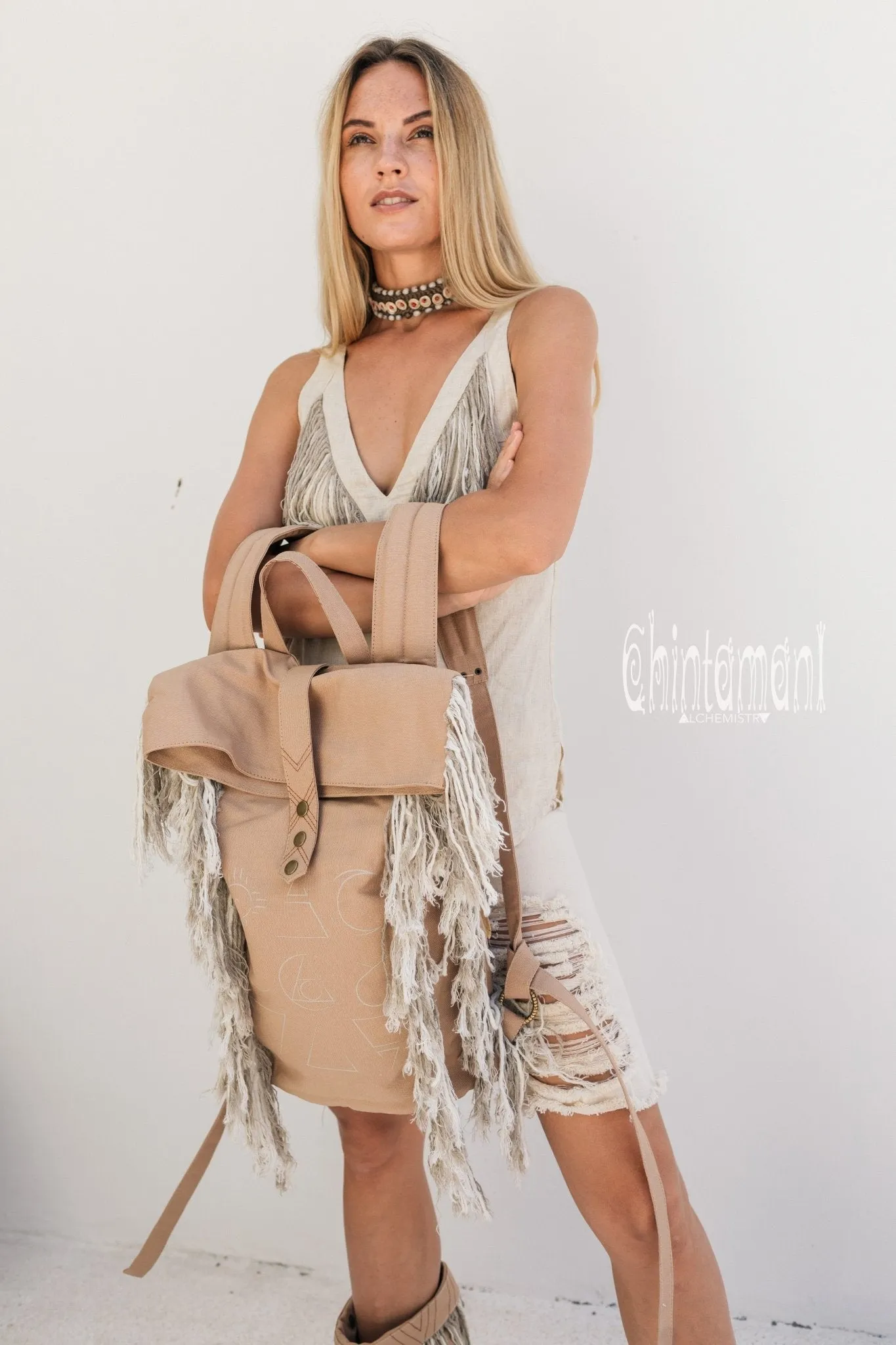 Rolltop Boho Canvas Backpack for Women with Linen Fringes ∆ Roll Top Laptop Backpack / Beige