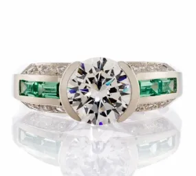 Round Cubic Zirconia Faux Emerald Accent Engagement Ring In Sterling Silver