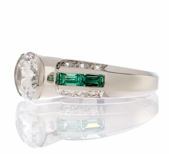 Round Cubic Zirconia Faux Emerald Accent Engagement Ring In Sterling Silver