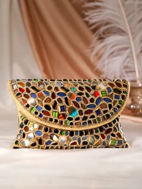 Rubans Multicolour Stone Studded Clutch Bag With Golden Embroided Design