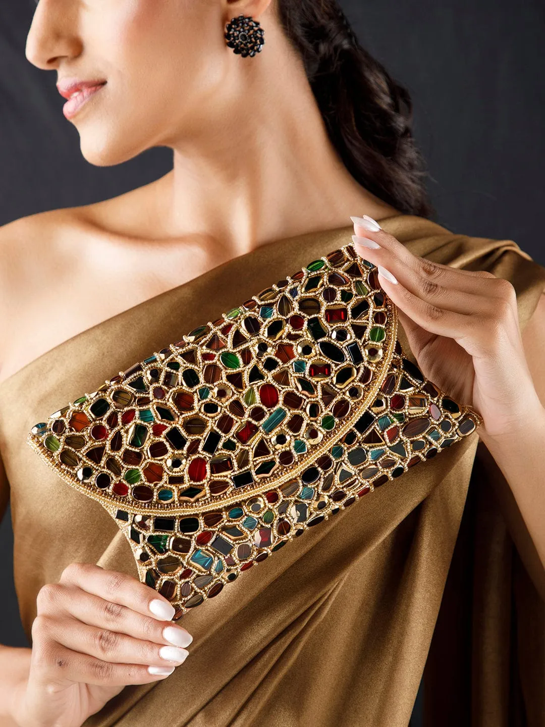 Rubans Multicolour Stone Studded Clutch Bag With Golden Embroided Design