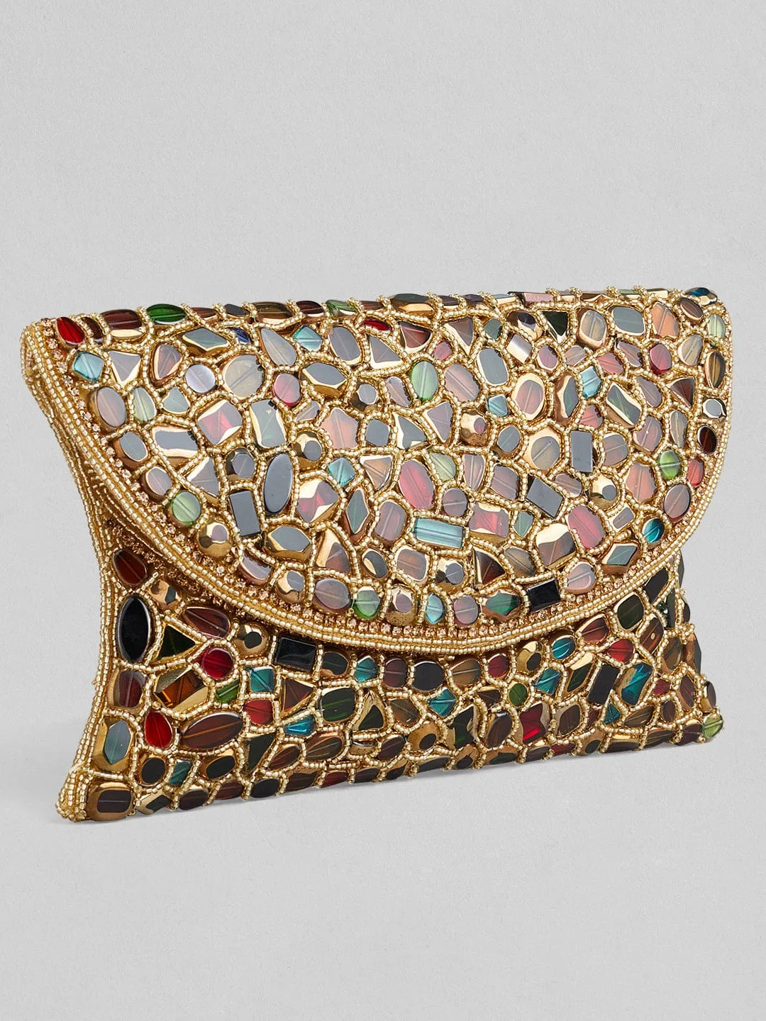 Rubans Multicolour Stone Studded Clutch Bag With Golden Embroided Design