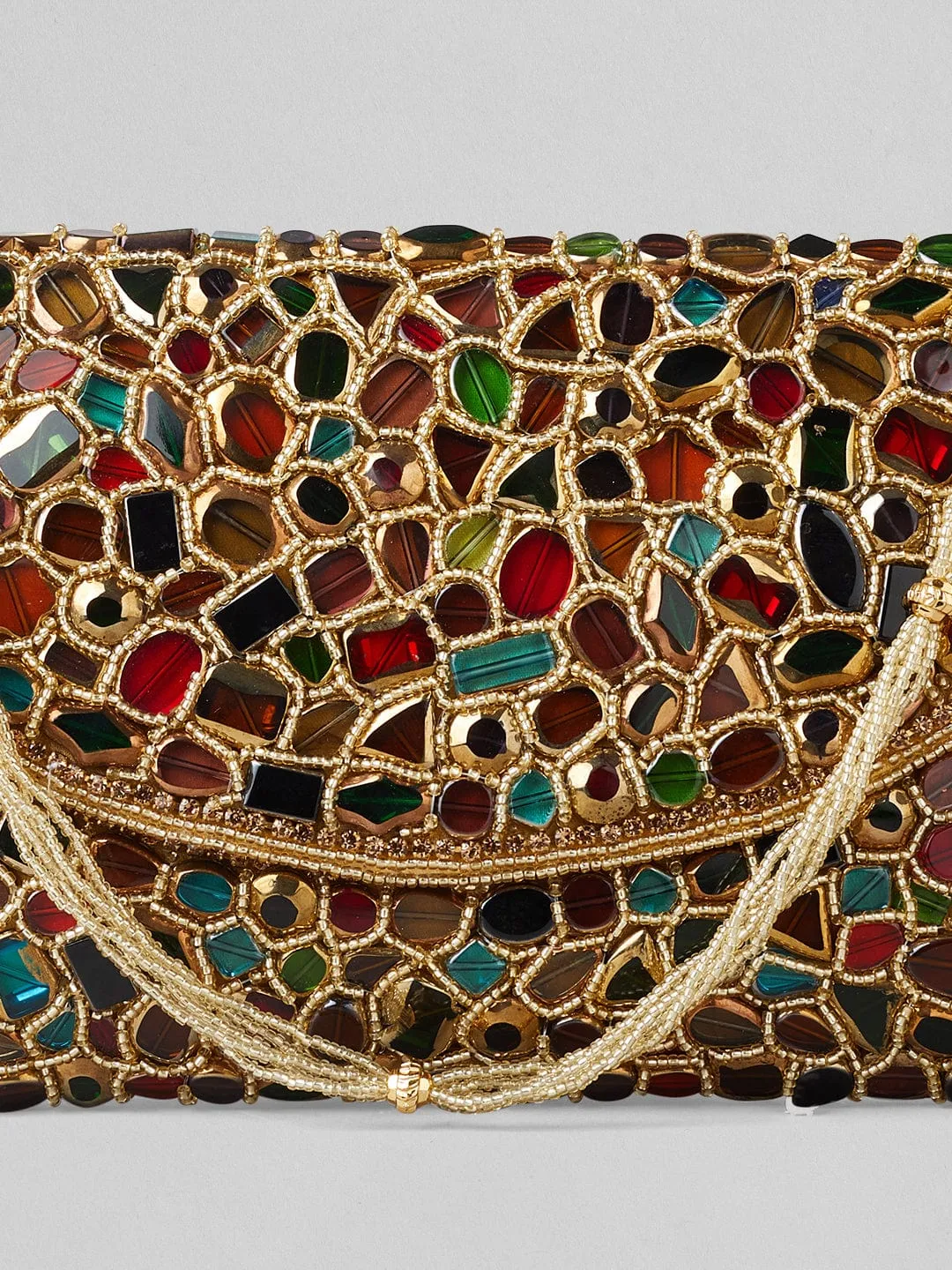 Rubans Multicolour Stone Studded Clutch Bag With Golden Embroided Design