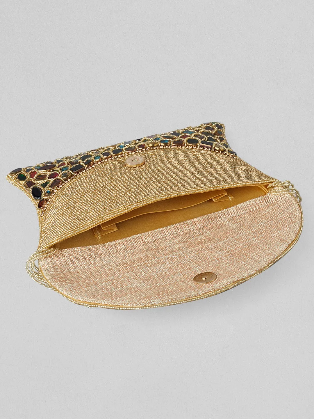 Rubans Multicolour Stone Studded Clutch Bag With Golden Embroided Design