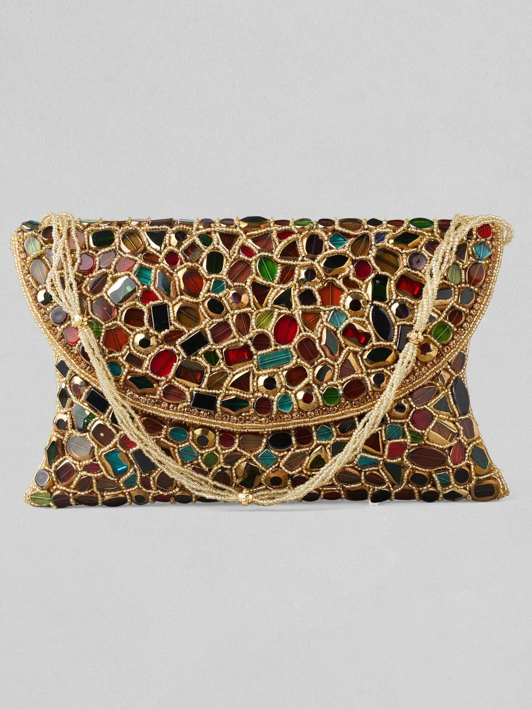 Rubans Multicolour Stone Studded Clutch Bag With Golden Embroided Design