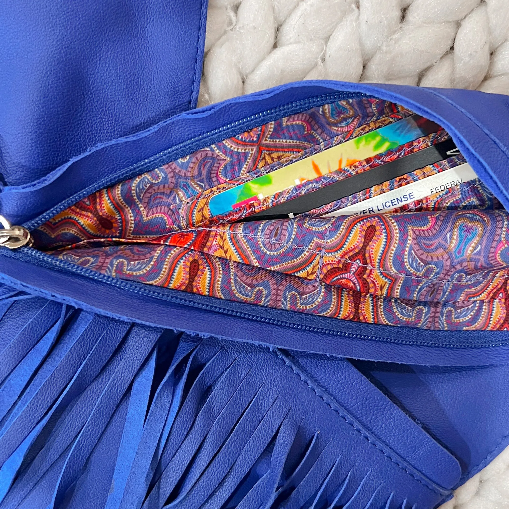 Sapphire Leather Fringe Sash Bag