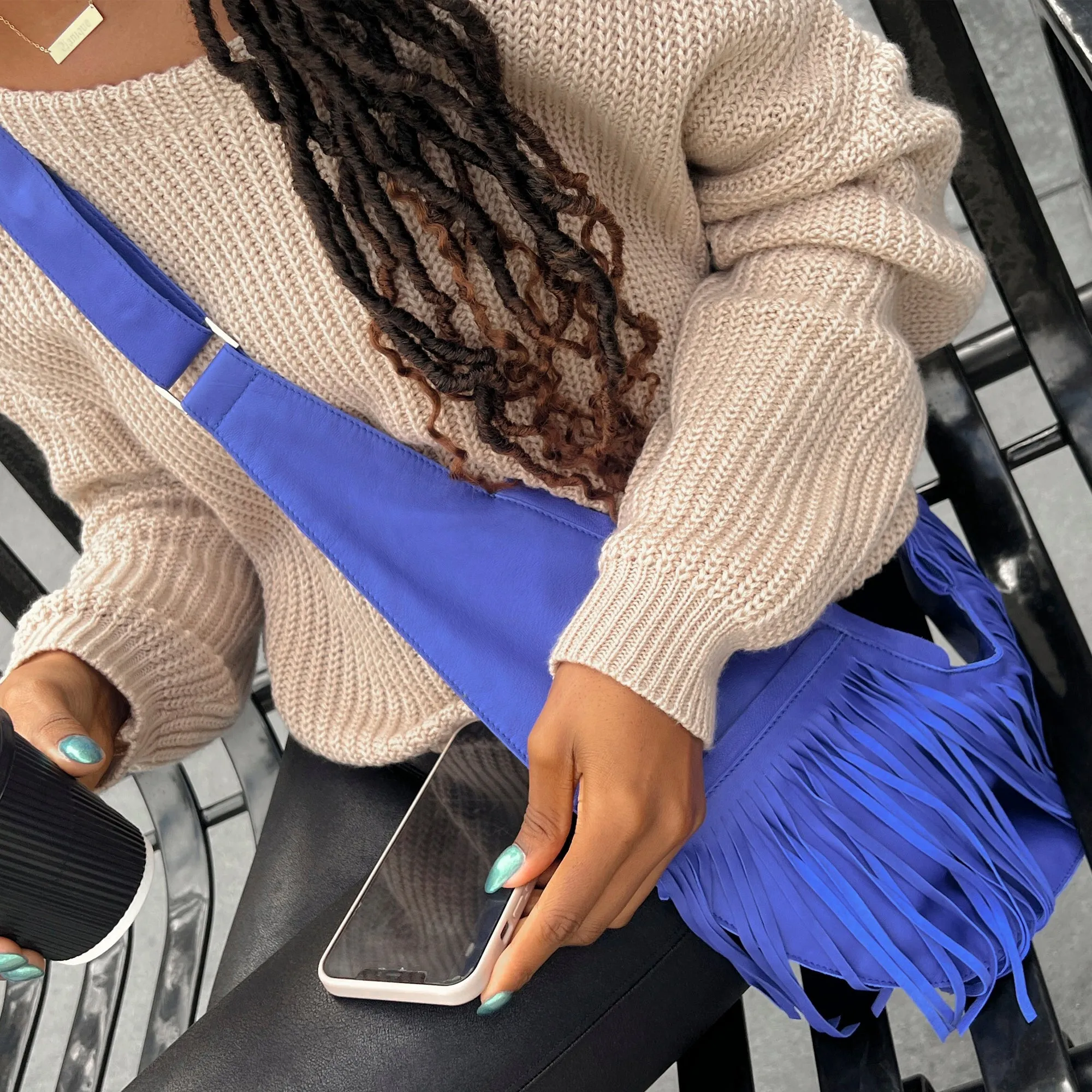 Sapphire Leather Fringe Sash Bag