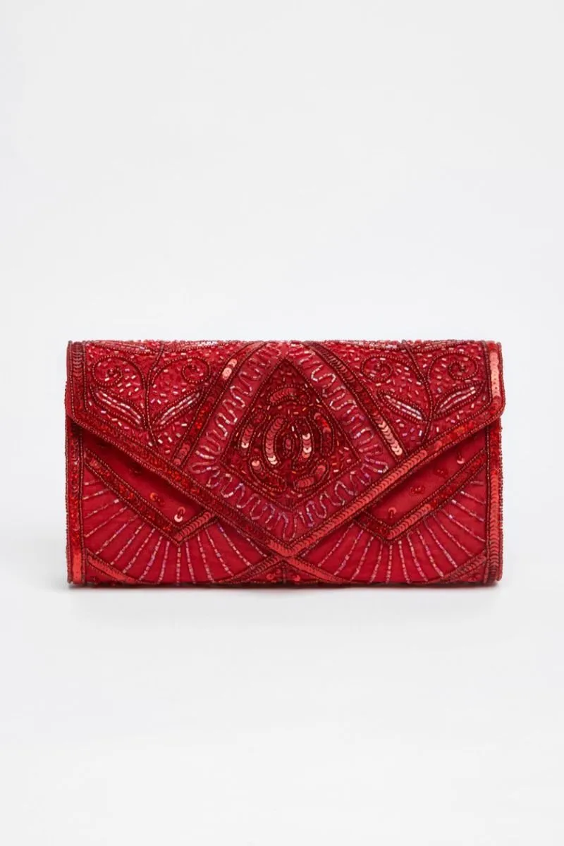 Scarlet Hand Embellished Clutch Bag in Red