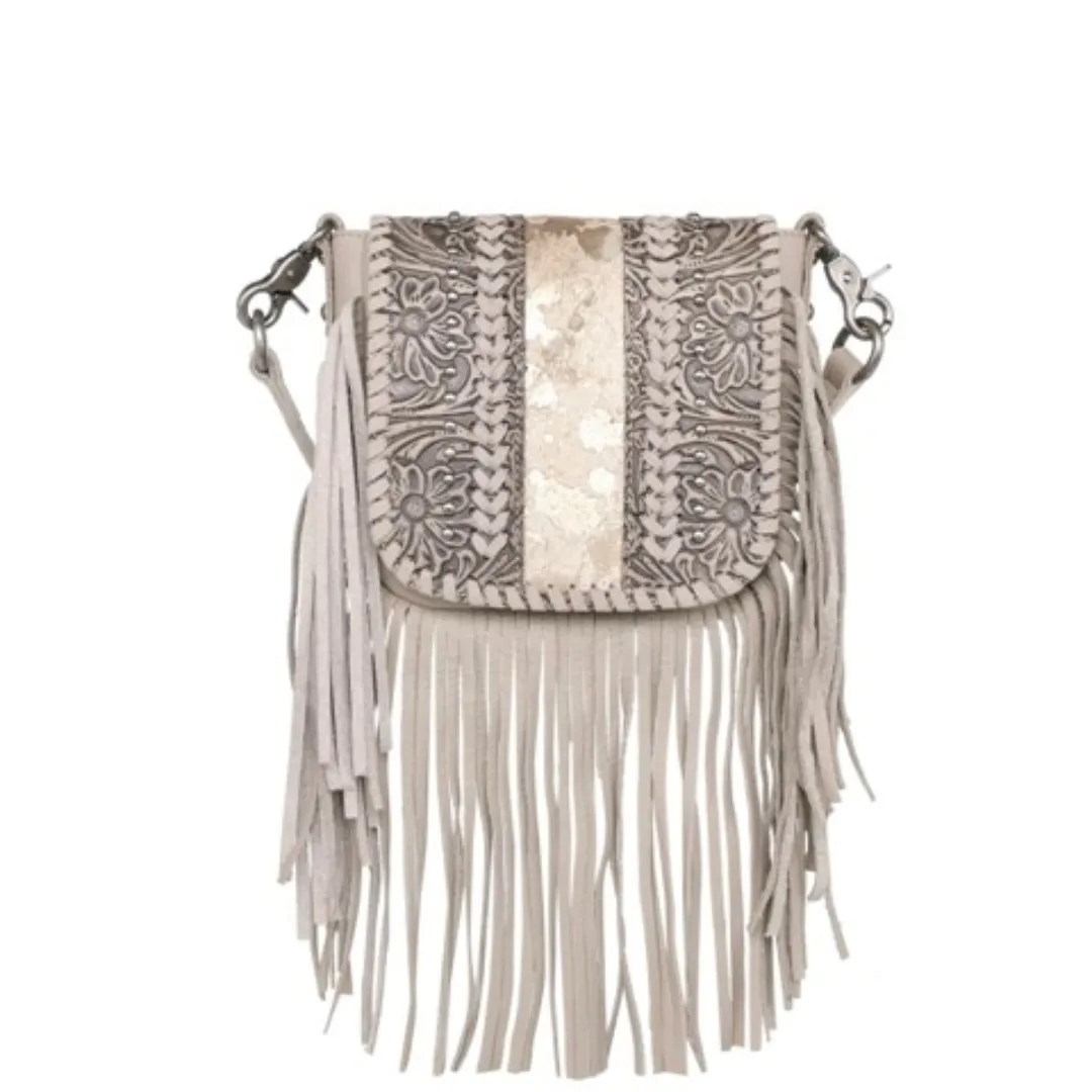 Silver Genuine Leather Tooled Fringe Crossbody - RLC-L168TN