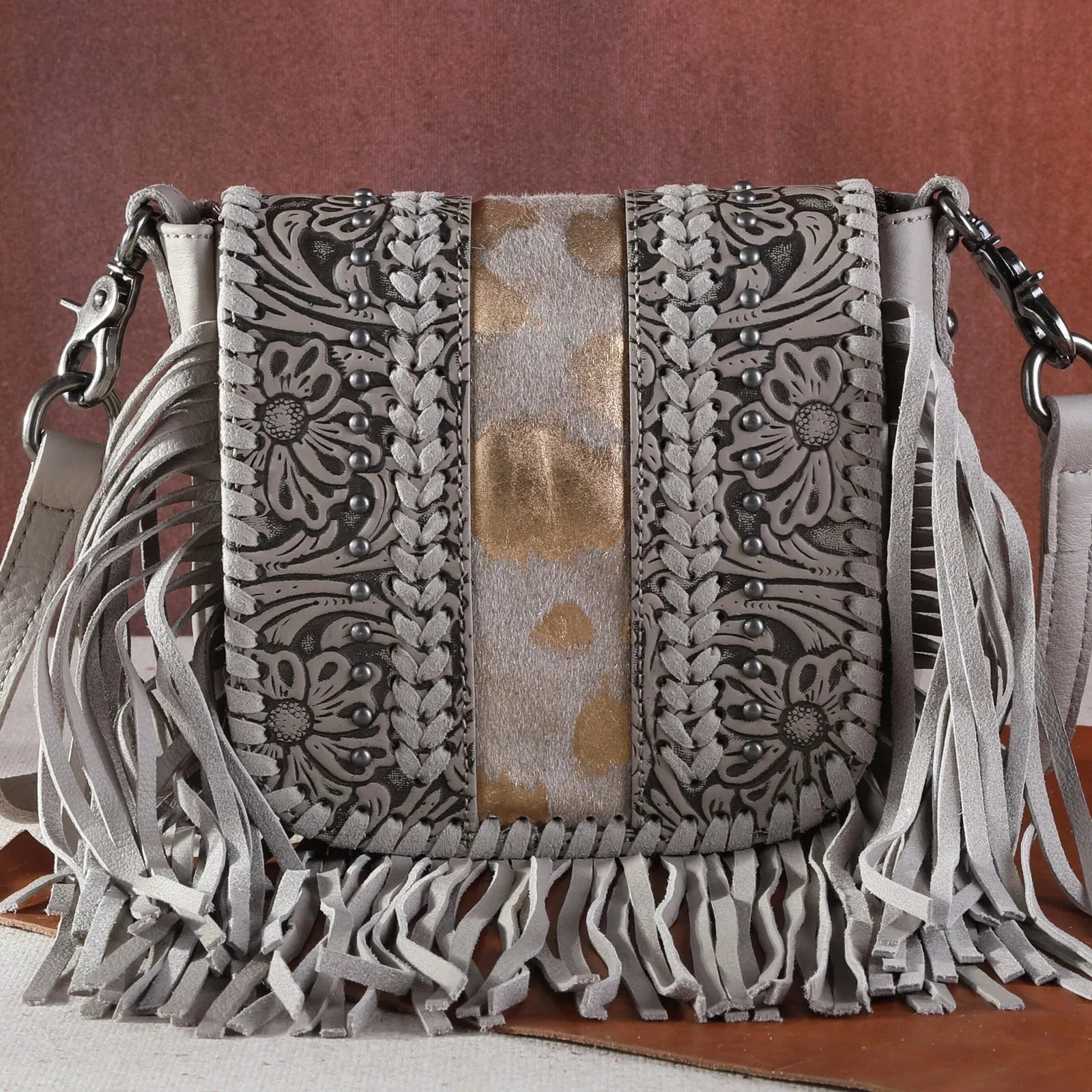 Silver Genuine Leather Tooled Fringe Crossbody - RLC-L168TN