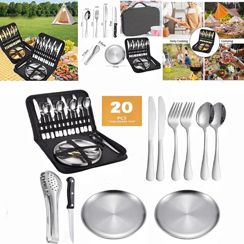 Tableware set Portable knife fork spoon plate steak clip set Camping picnic outdoor stainless steel tableware with tableware bag