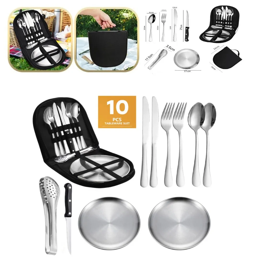 Tableware set Portable knife fork spoon plate steak clip set Camping picnic outdoor stainless steel tableware with tableware bag