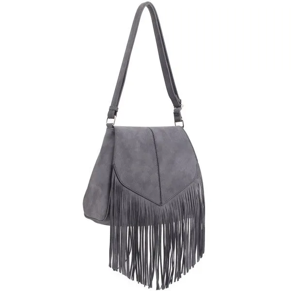 TEEK - Faux Suede Fringe Flap Crossbody Bag