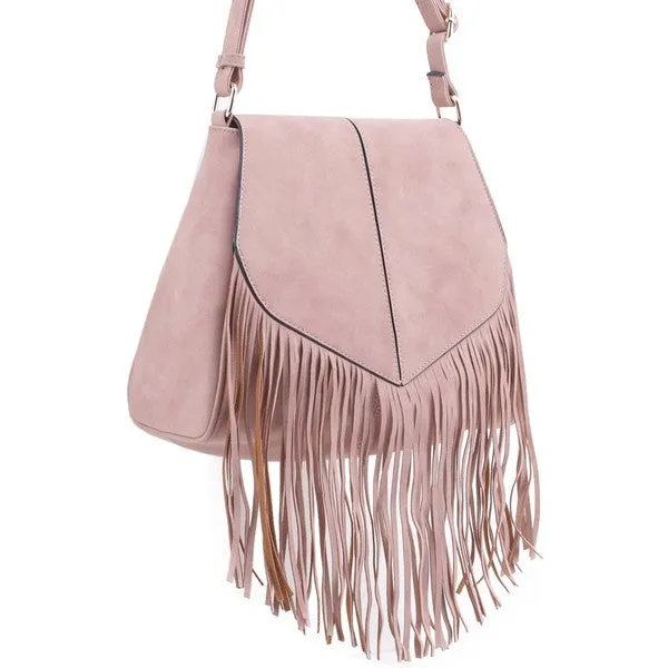 TEEK - Faux Suede Fringe Flap Crossbody Bag