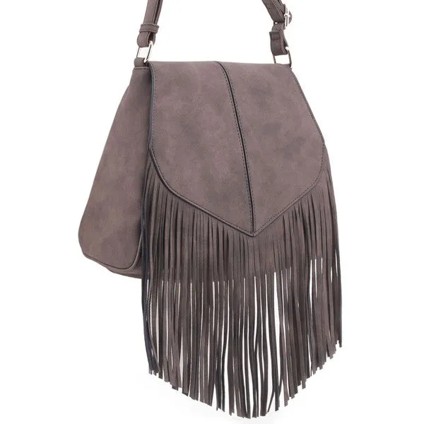 TEEK - Faux Suede Fringe Flap Crossbody Bag