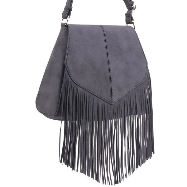 TEEK - Faux Suede Fringe Flap Crossbody Bag