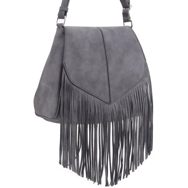 TEEK - Faux Suede Fringe Flap Crossbody Bag