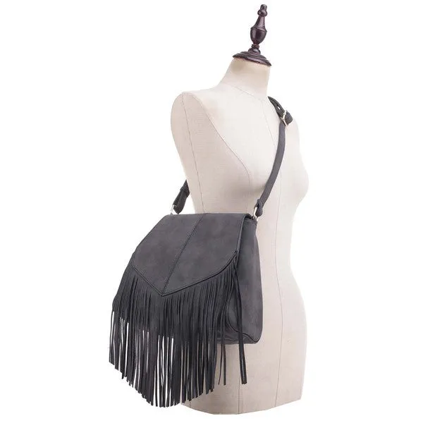 TEEK - Faux Suede Fringe Flap Crossbody Bag