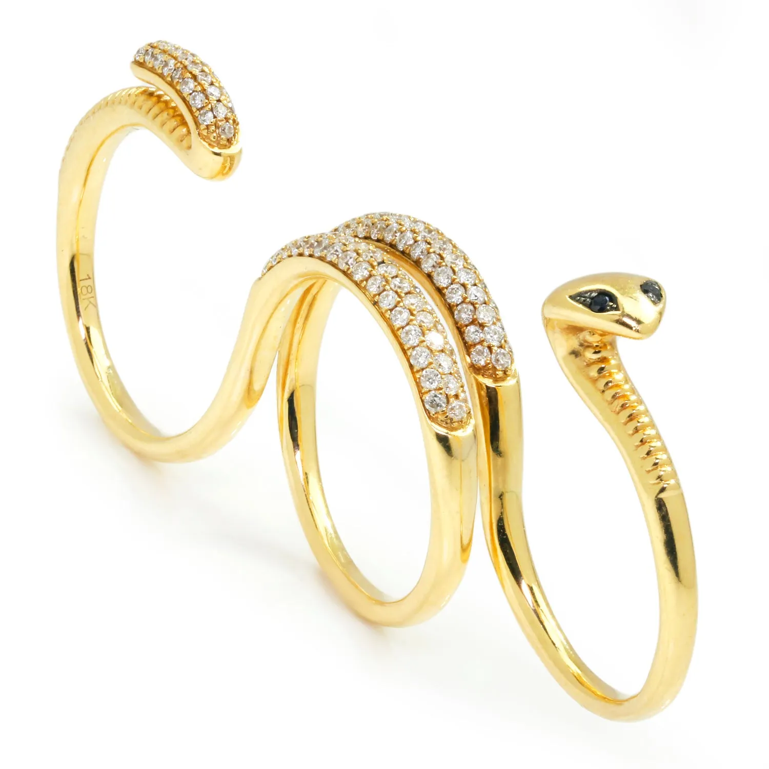 Unique Three-Finger Snake Ring with Diamonds 18K Gold Size 7