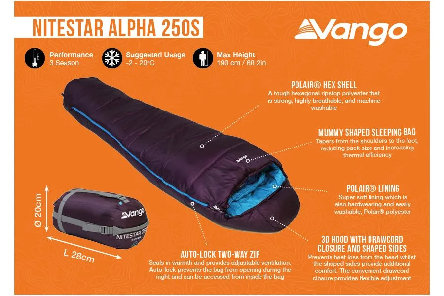 Vango Nitestar Alpha 250S "Short" Children's Sleeping Bag in Pheonix (3 Season / 195cm long)