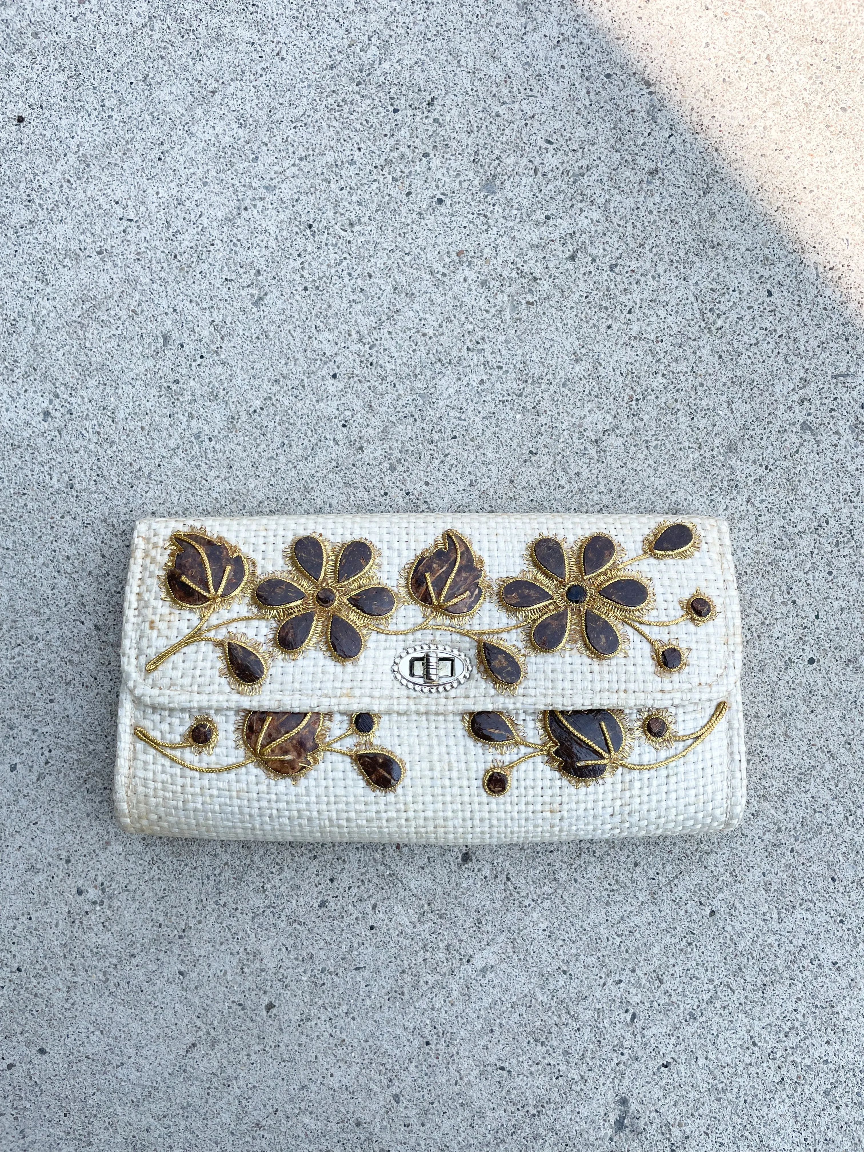 Vintage Bags By Patricia Cream Woven Gold Floral Textured Clutch Purse