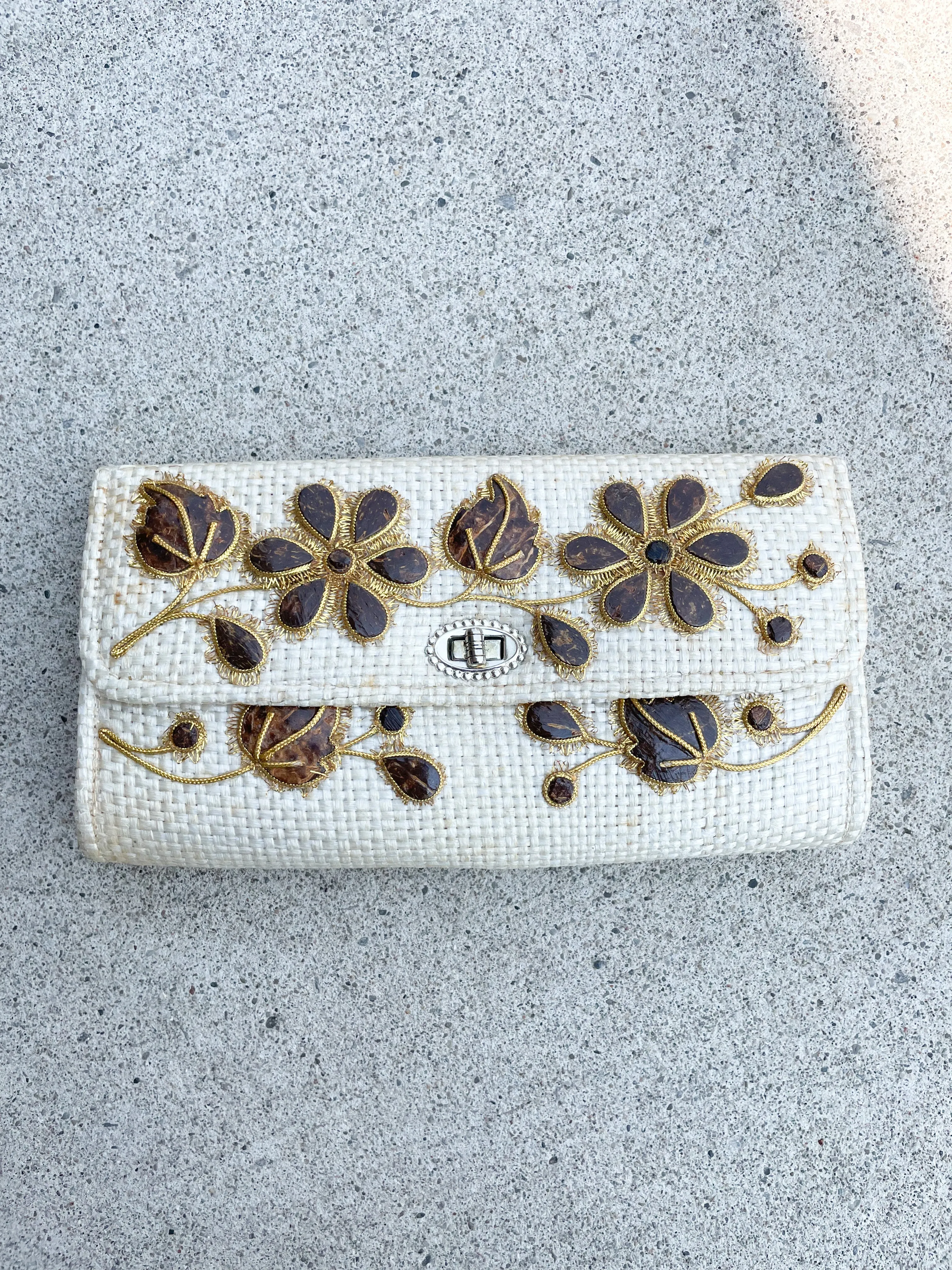 Vintage Bags By Patricia Cream Woven Gold Floral Textured Clutch Purse