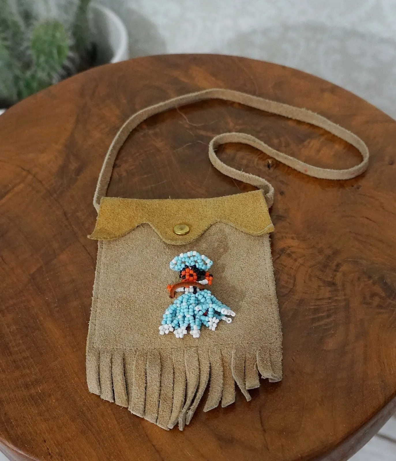 Vintage Suede Worry Doll Fringe Pouch