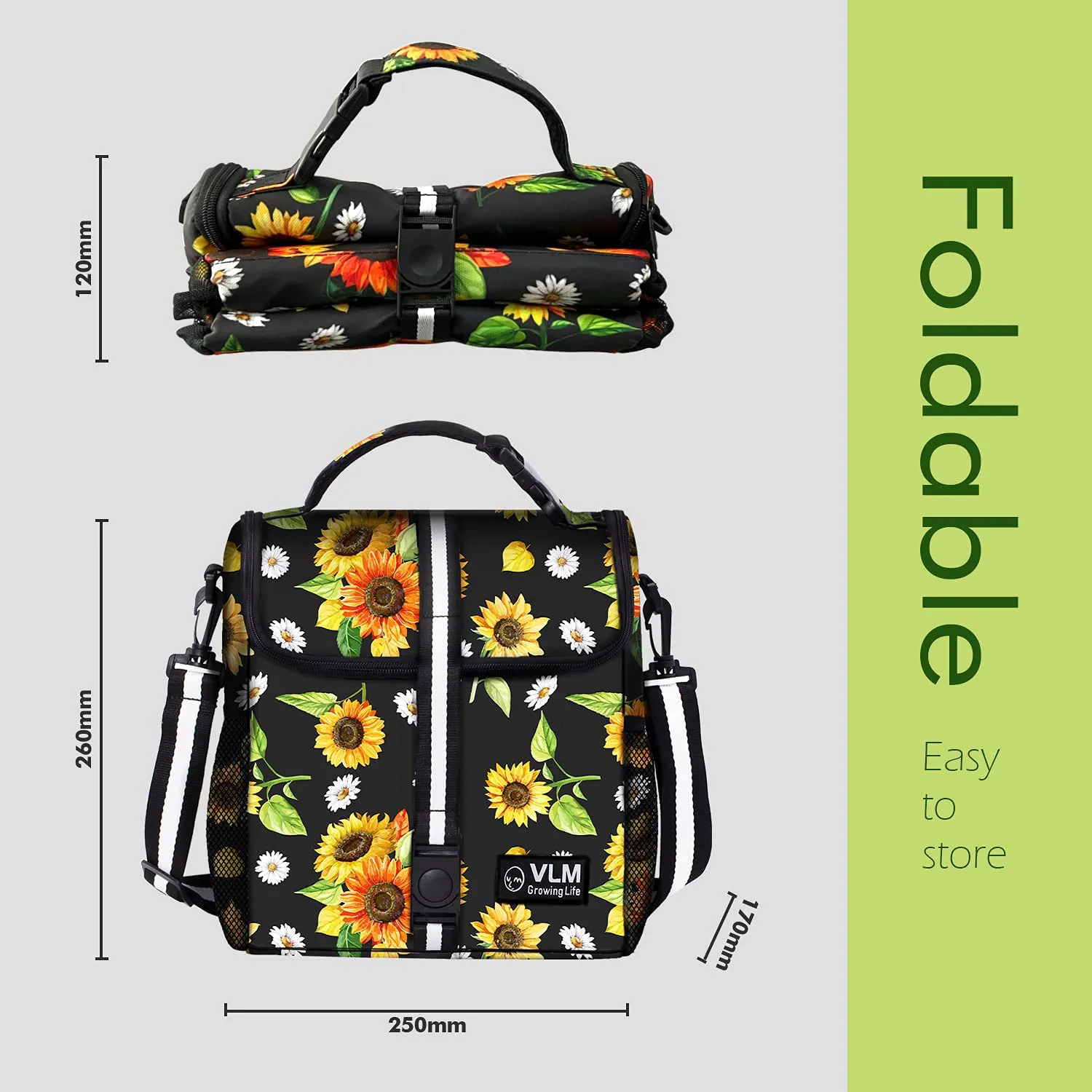 VLM Lunch Bags for Women,Leakproof Insulated Floral Lunch Box with Adjustable Shoulder Strap Reusable Zipper Cooler Tote Bag for Work,Picnic,Camping (Floral 3)