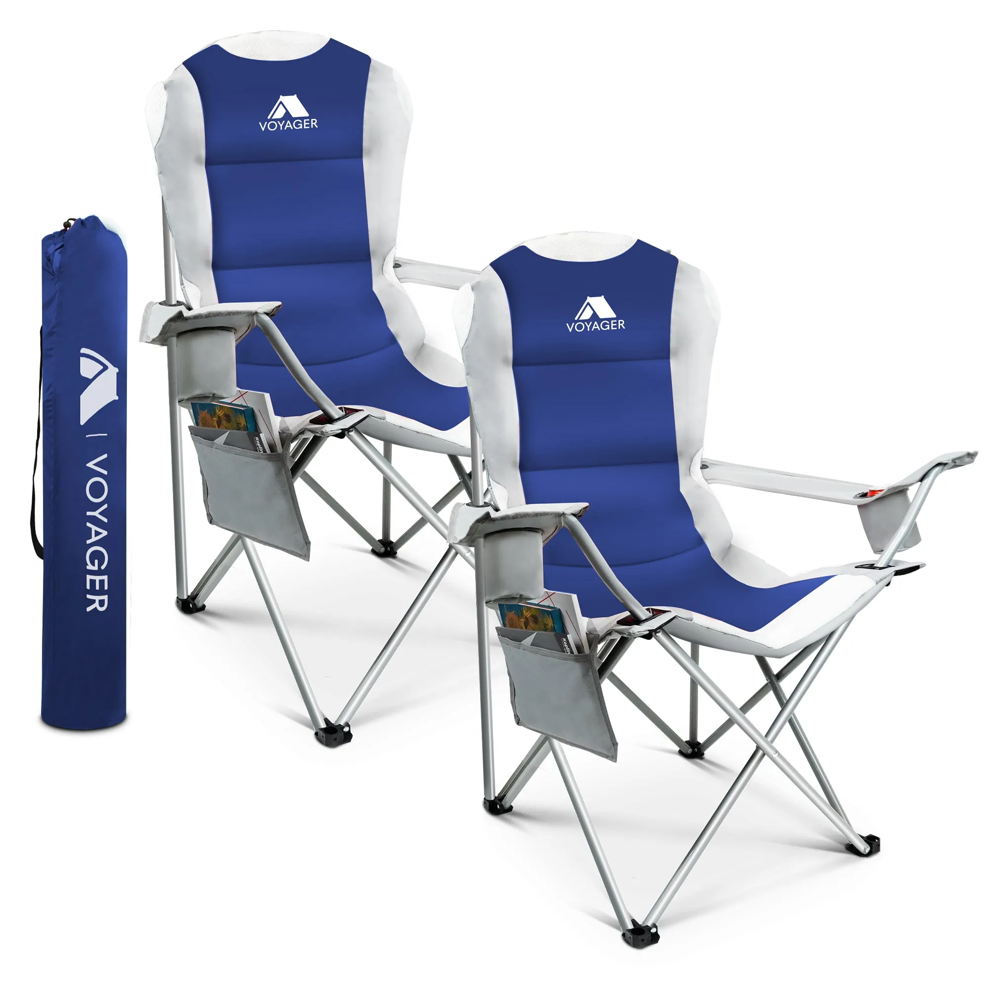 Voyager 2 Pack Padded Camping Chairs - with Cup Holder and Side Pockets