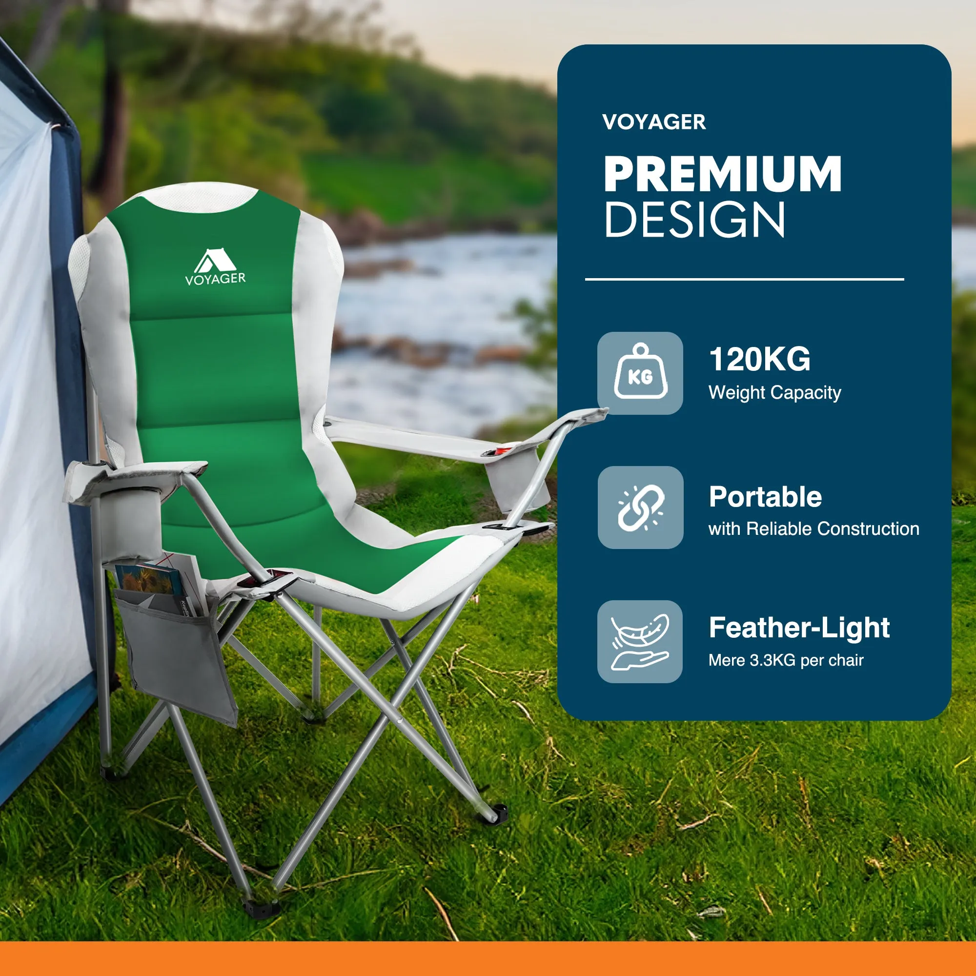 Voyager 2 Pack Padded Camping Chairs - with Cup Holder and Side Pockets