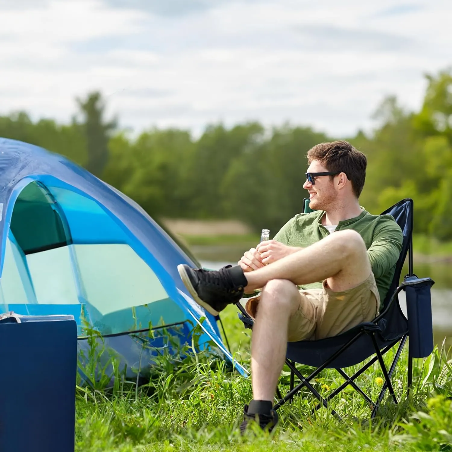 Voyager Folding Camping Chairs 2 Pack with Cooler Bag, Lightweight Q195 Steel Frame, 600D Oxford Fabric, Portable & Comfortable