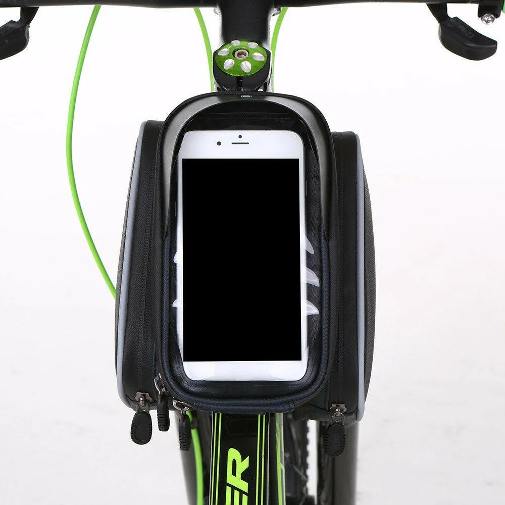 Waterproof Bicycle Frame Bag Double Pouch Bike Top Tube Bag MTB Mountain Bike Cycling Bag Touchscreen Phone Case for 6.0 Inch Cell Phone