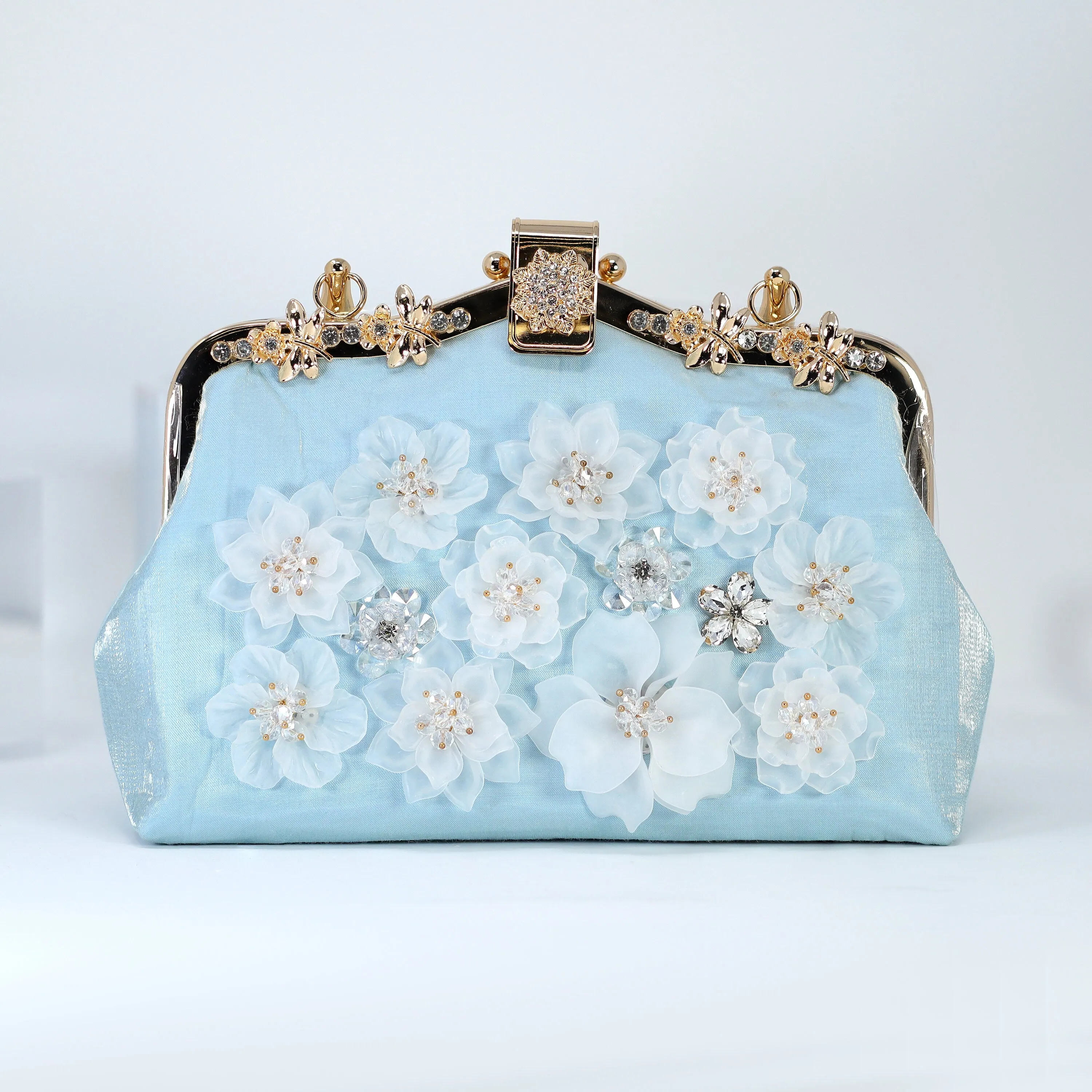 White Floral Shimmering Gold Embroidered Fabric Something Blue Bridal Wedding Bag, Rhinestone Statement Bag, Evening Clutch, Cross Body Bag